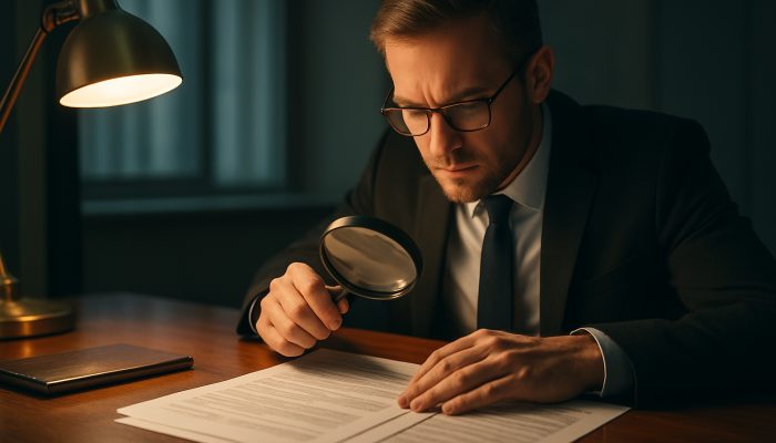 What Lenders Check When You Tidy Debts: Key Factors Explained | DCL British lender reviews loan forms with magnifying glass in sleek office