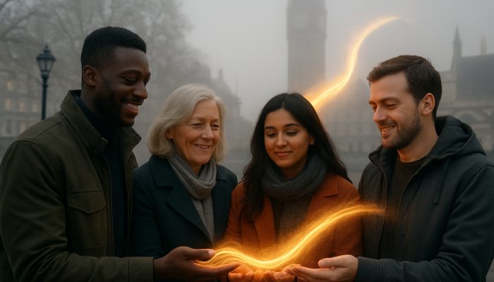 Sharing Your Story to Help Others if You Wish | DCL Diverse Britons share glowing stories in misty London square, forming radiant banner against inequality