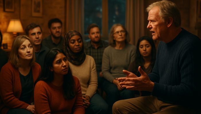 Sharing Your Story to Help Others if You Wish | DCL Diverse British audience listening to emotional storyteller in cozy London setting with warm lighting
