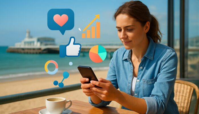 Small business owner strategizing social media on smartphone in Bournemouth beach cafe with charts and sea view