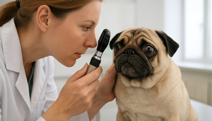 Veterinarian examining pug's bulging eyes with ophthalmoscope in modern clinic for brachycephalic eye care