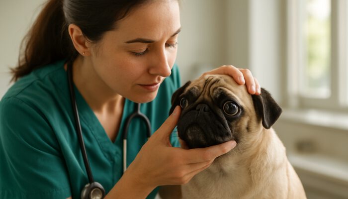 Vet examining pug's bulging eyes in sunlit clinic for early brachycephalic eye care detection