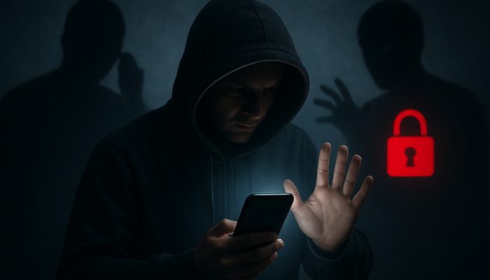 Not Sharing Codes With Callers or Texters: Stay Secure Now | DCL Cautious figure shields glowing smartphone from shadowy callers with "Stay Secure Now" red lock icon.