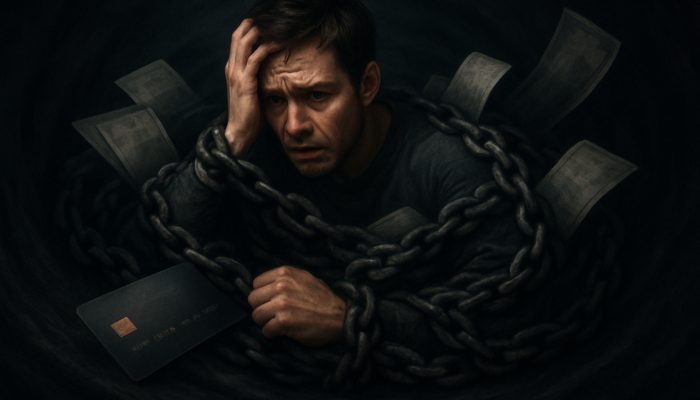 Avoiding Stacking Multiple BNPL Accounts: UK Tips | DCL Stressed person entangled in unpaid bills sinking into dark debt vortex from missed BNPL payments