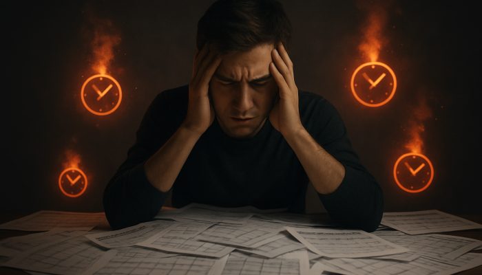 Avoiding Stacking Multiple BNPL Accounts: UK Tips | DCL Stressed young adult buried under overlapping BNPL statements with expiring interest-free clocks in dim light