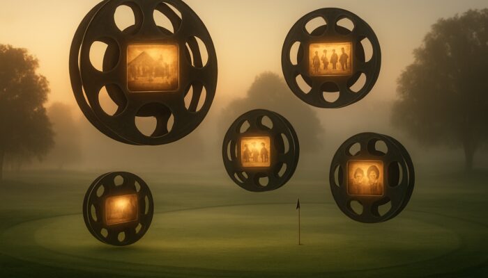 Misty dawn golf course with floating vintage film reels and glowing documentary frames