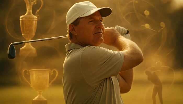 Cinematic close-up of Ernie Els mid-swing with ghostly championship trophies and training overlays