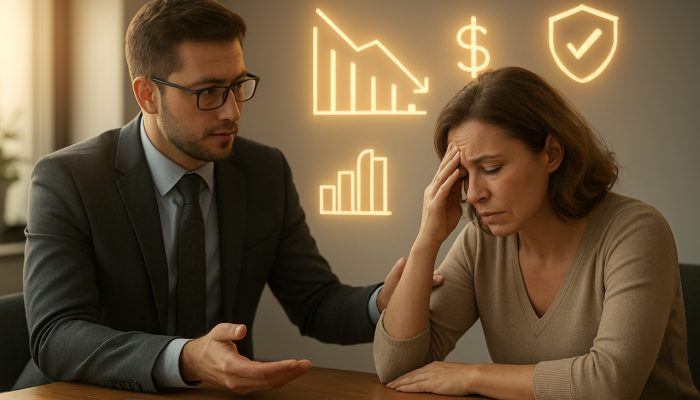 Combining Debts From Gambling Expenses: UK Assistance | DCL Financial advisor consulting with a client on debt consolidation in a modern office