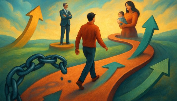How Often to Review a Merged Debt Plan: Key UK Tips | DCL Person navigating winding financial roadmap through job promotions and family growth with debt chains and income arrows