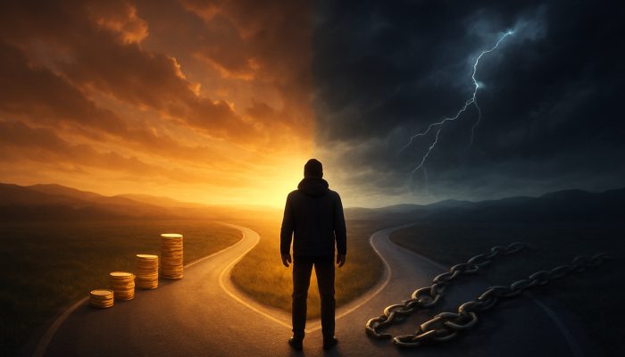 Choosing Between Payment Plan and New Loan: Essential Tips | DCL Person at crossroads choosing payment plan path with coins vs new loan with debt chains