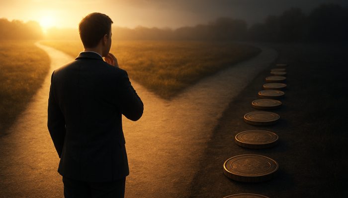 Choosing Between Payment Plan and New Loan: Essential Tips | DCL Borrower at glowing crossroads choosing sunlit debt-free path over shadowed interest-laden loan road