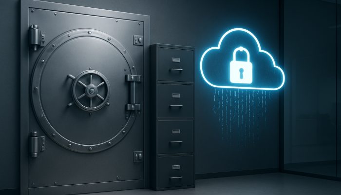 Keeping Copies of Settlement Figures: A Practical Approach | DCL Secure vault with locked filing cabinets and glowing encrypted cloud for settlement documents