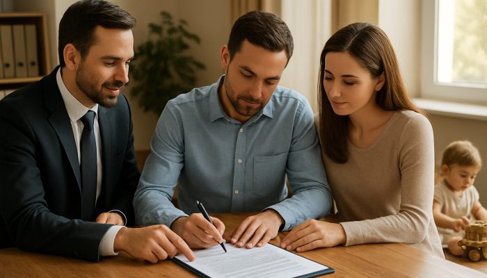 Sharing Money Talk With Your Co Parent: Practical Advice | DCL Family lawyer assists co-parents signing financial agreement as child plays in sunlit office