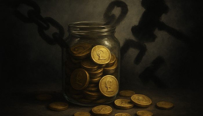 How Fees Change the Real Saving Figure: Impact on UK Savers | DCL UK savings jar leaking pound coins eroded by shadowy bank fee chains and penalties