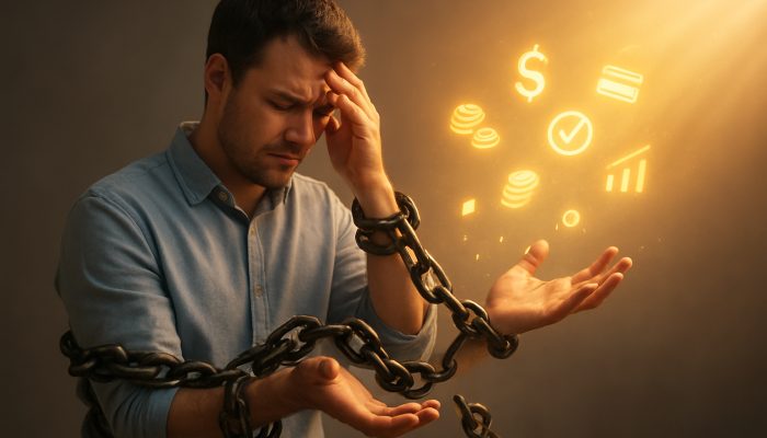 Using Benefits and Grants to Ease Pressure: Helpful Tips | DCL Person breaking free from debt chains via glowing benefits and grants