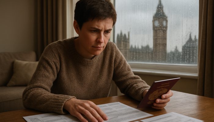 Using Benefits and Grants to Ease Pressure: Helpful Tips | DCL Person spreading UK passport, visa and utility bills on table overlooking Big Ben in rainy London flat