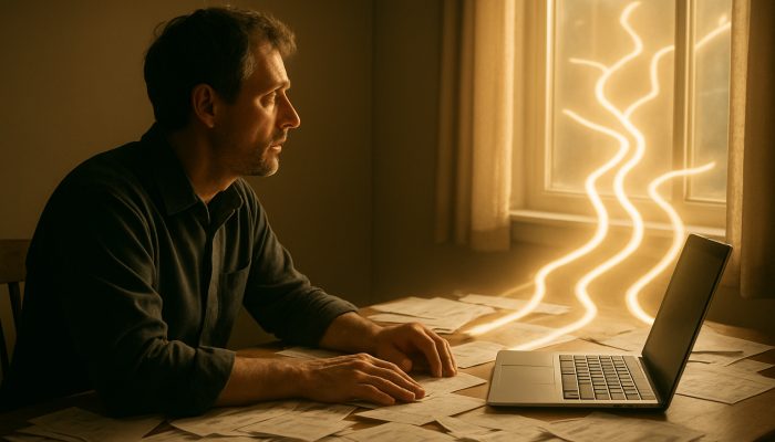 Debt Options for Sole Traders With Low Income | DCL Sole trader at cluttered desk with bills, gazing at glowing debt relief options in hopeful light.