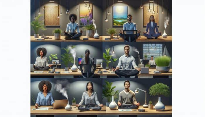 Workplace Mindfulness Programs: Diverse employees engaging in mindfulness in a tranquil office, surrounded by symbols of peace and productivity.