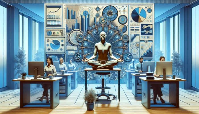 A calm office environment with employees meditating at desks, surrounded by productivity symbols like charts and computers.