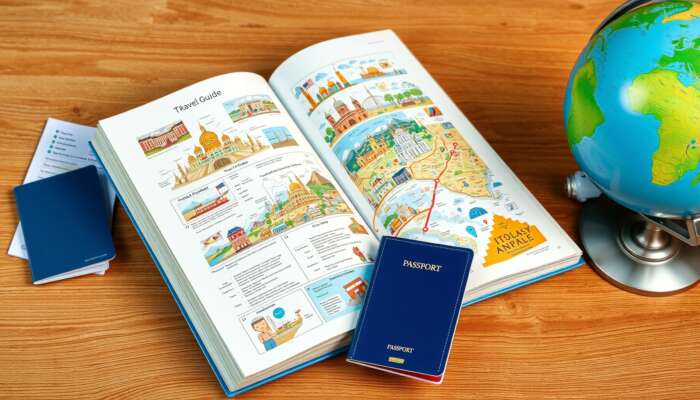 Colorful illustration of an open travel guide book on a wooden table featuring maps, landmark photos, itineraries, a globe, and a passport.