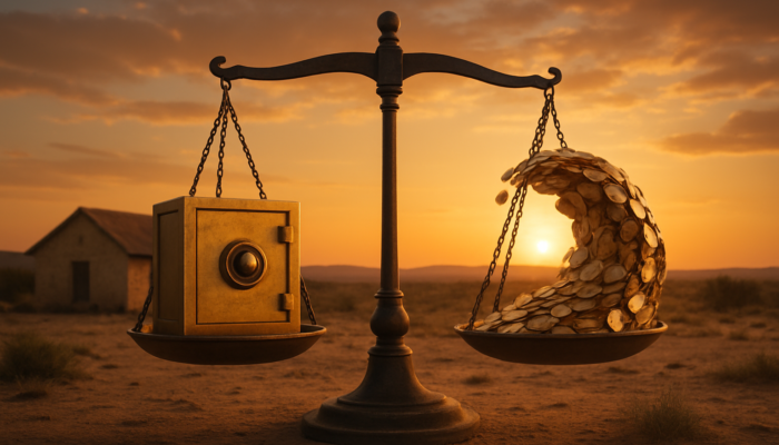 Rustic Beaufort West home: safe for fixed rates, wave of coins for variable rates, under balancing scale at sunset.