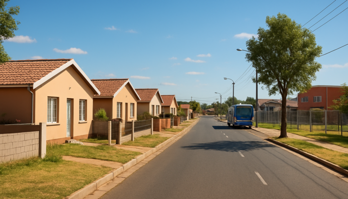Vibrant suburban street in Springs, South Africa, with modest entry-level homes near schools and shopping centers.