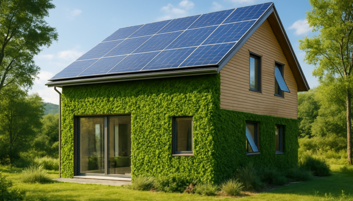 Modern eco-friendly house equipped with solar panels, green walls, and smart windows in a peaceful setting.