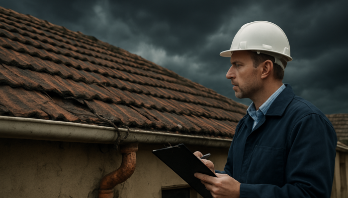 Professional inspector evaluates the condition of an older South African home in Springs, noting cracked roof and exposed wiring under a stormy sky.