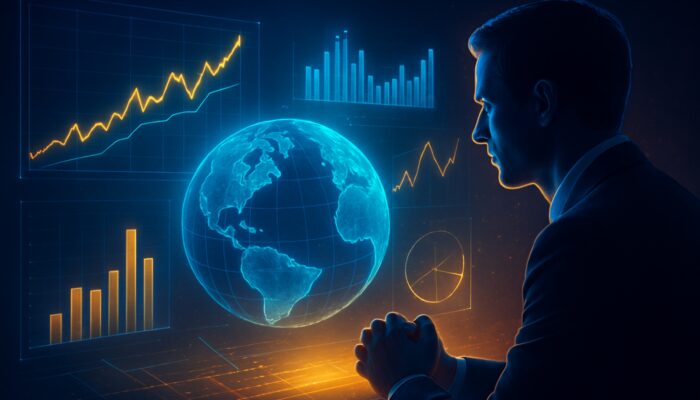 Futuristic trader analysing holographic ROI charts and win-loss ratios over a spinning globe in neon blues and golds.