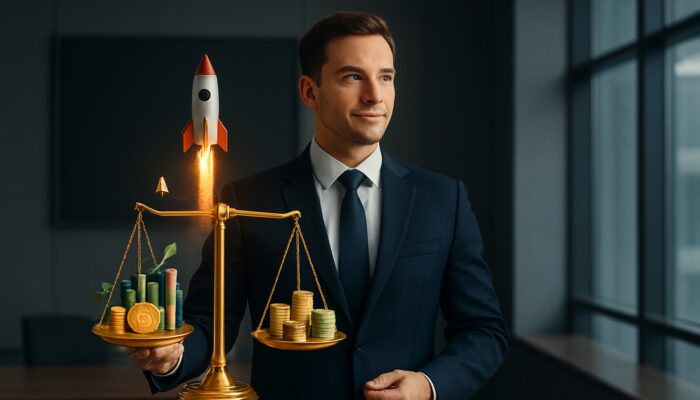 Confident trader balancing a golden scale with a soaring rocket and diverse assets in a sleek office