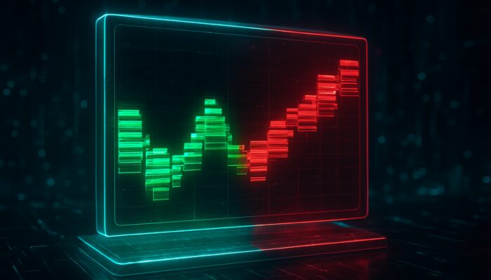 3D holographic order book displaying green buy and red sell orders on a futuristic trading screen