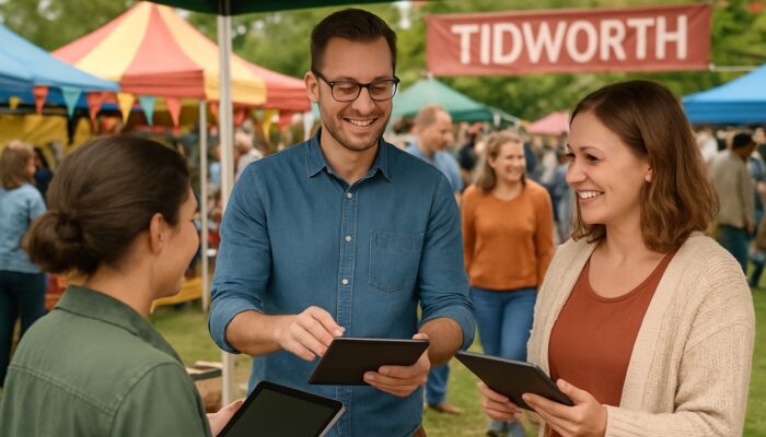 Small business owner interacting with local customers using tablets at a vibrant community fair in Tidworth