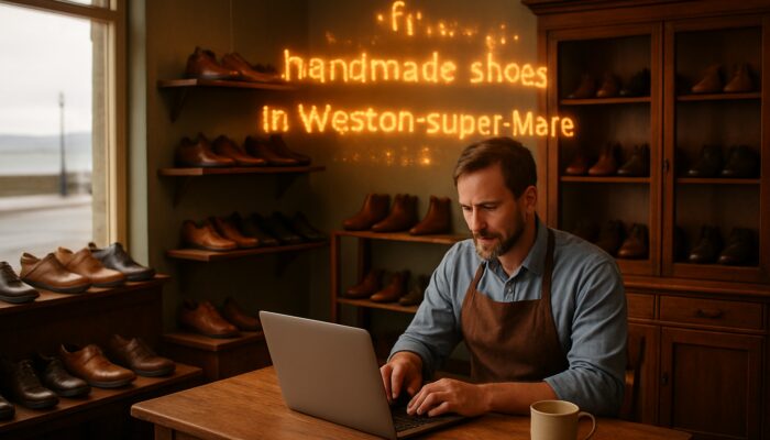 Charming shoe shop in Weston-super-Mare with shopkeeper analyzing effective long-tail keywords on a laptop