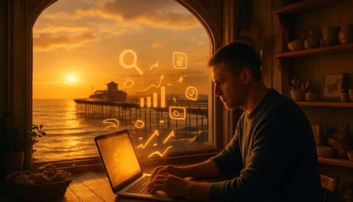 Shop owner analyzing SEO data on a laptop by the Weston-Super-Mare pier at sunset