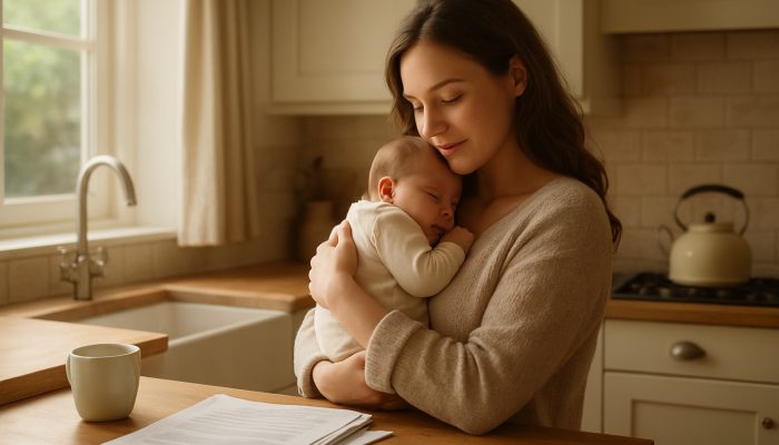 Bringing Together Debts After Maternity Leave | DCL Young mother cradles newborn in sunlit British kitchen with paid bills, showing financial relief.