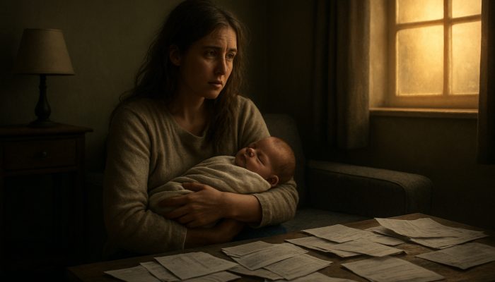 Bringing Together Debts After Maternity Leave | DCL Weary mother cradles newborn amid unpaid bills, gazing at glowing window symbolizing financial fresh start.