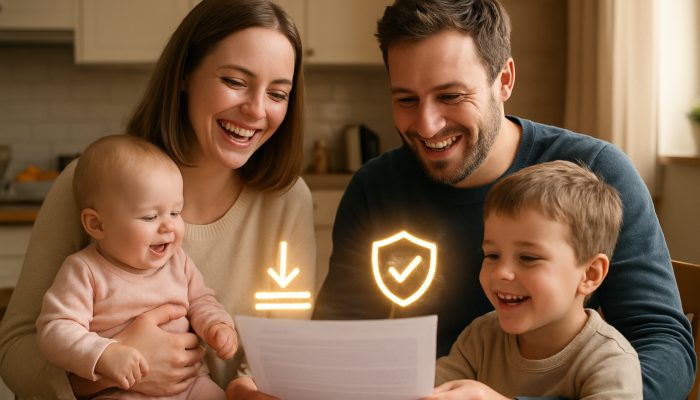 Bringing Together Debts After Maternity Leave | DCL Joyful British family reviews consolidated loan document in kitchen with icons of lower fixed payments and stability.