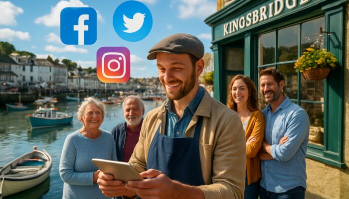 Shopkeeper shares updates on a tablet amidst floating social icons in the sunny Kingsbridge harbour, surrounded by locals.