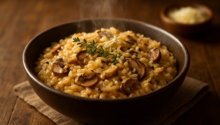 Creamy mushroom risotto with wild mushrooms, parmesan, and thyme on rustic table