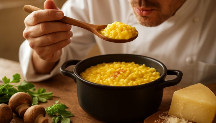 Chef tasting creamy saffron risotto with spoon amid herbs and parmesan on rustic counter.