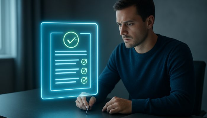 Individual reviewing glowing credit report with green checkmarks at a sleek desk for debt approval.