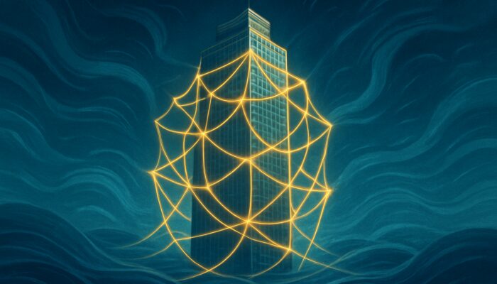 Corporate tower wrapped in glowing regulatory webs amid swirling markets, symbolizing transparency and investor trust.