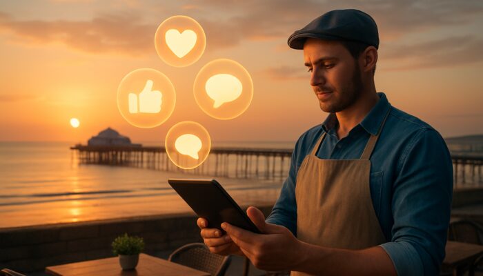 Cafe owner checks glowing social media metrics on tablet above Weston-super-Mare pier at sunset