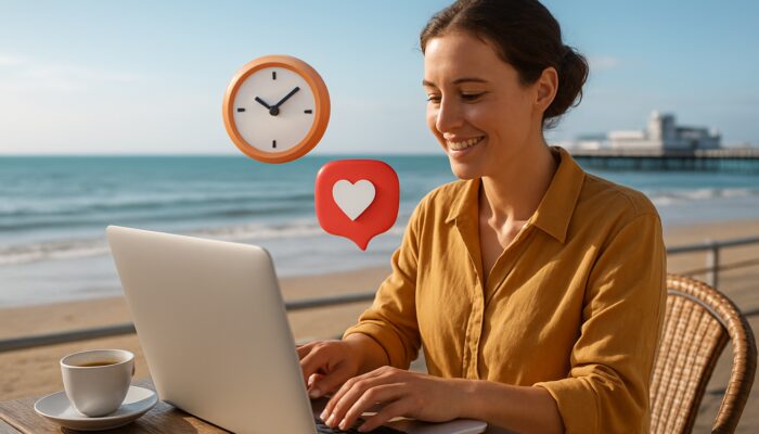 Small business owner scheduling social media posts on laptop at Weston-super-Mare seaside cafe