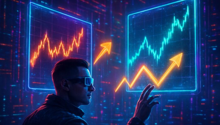Cyberpunk trader scanning holographic crypto charts for arbitrage opportunities