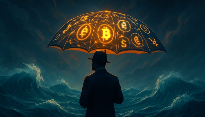 Trader shielded by glowing umbrella of trading pairs amid turbulent waves, symbolizing diversification.