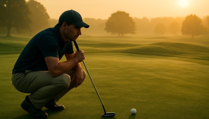 Golfer crouching to analyze putting green slopes and grain at dawn with ball and putter