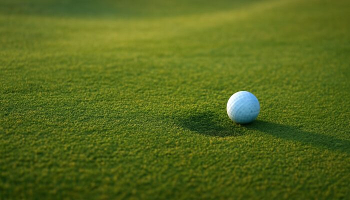 Golf ball curving slowly on uneven dense grass patches of sloping green in morning light
