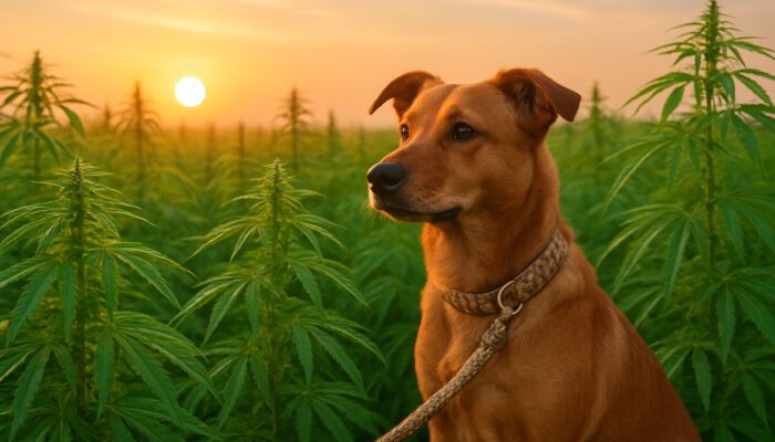 Dog on hemp leash in vibrant sunrise hemp field for sustainable pet products