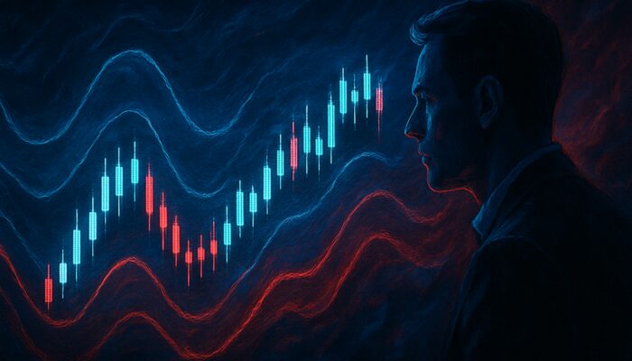 Trader analyzing a dynamic candlestick chart featuring ATR volatility bands amid turbulent markets